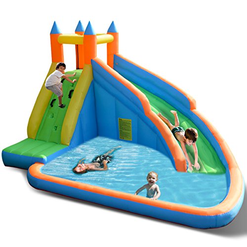 Costzon Inflatable Slide Bouncer, Water Pool with Long Slide, Climbing Wall, Including Oxford Carry Bag, Stakes, Castle Bounce House (Without Air Blower)