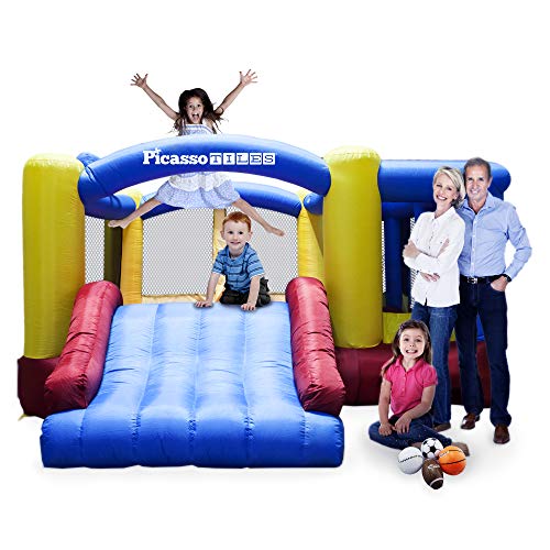 PicassoTiles [Upgrade Version] KC102 12x10 Foot Inflatable Bouncer Jumping Bouncing House, Jump Slide, Dunk Playhouse w/ Basketball Rim, 4 Sports Balls, Full-Size Entry, 580W ETL Certified Blower