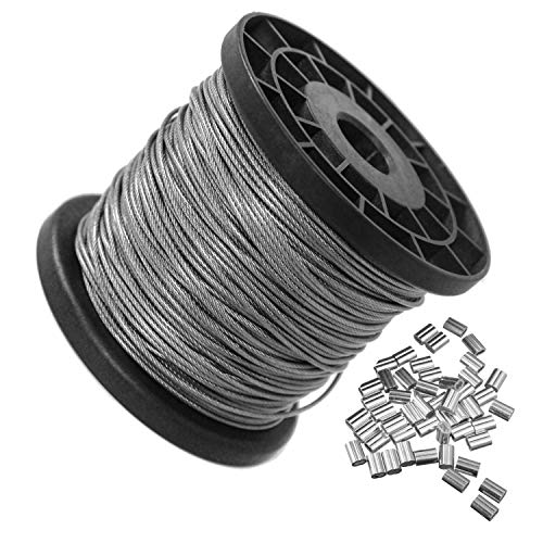 Vinyl Coated Wire Rope (Transparent Coating is 0.3mm),EFGTEK 1/16 Inch Diameter Stainless Steel 304 Wire Cable,330 Feet and 50 PCS Aluminum Crimping Loop (7x7 Strand Core)