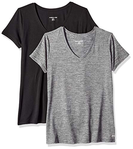 Amazon Essentials Women's 2-Pack Tech Stretch Short-Sleeve V-Neck T-Shirt, Space dye/Black, XX-Large