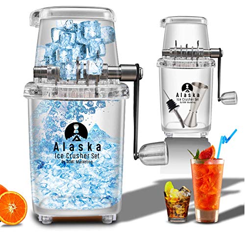 ALASKA Easy-Grip Manual Ice Crusher Set for Home Kitchen/Bar, Includes Pourer and Jigger, by ROMI MARKETING