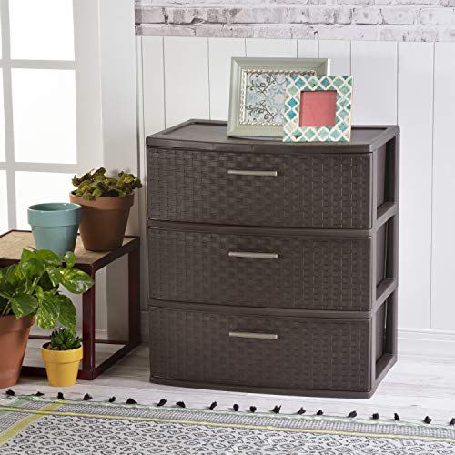 Sterilite 25306P01 3 Drawer Wide Weave Tower, Espresso Frame & Drawers w/ Driftwood Handles, 1-Pack