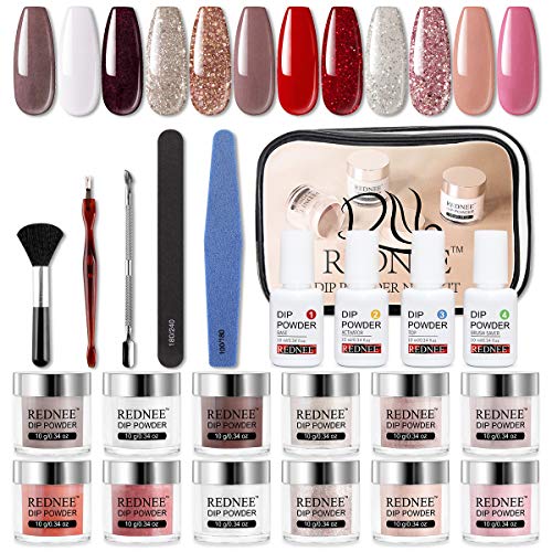 REDNEE Dip Powder 12 Colors Nail Starter Kit with Base Activator and Top Coat 22pcs Gift Set for Nail Art - RE08 Inviting Color
