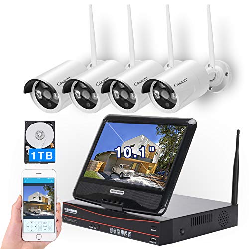 [8CH, Expandable] All in one with 10.1' Monitor Wireless Security Camera System, Cromorc Home Business CCTV Surveillance 8CH 1080P NVR, 4pcs 1080P Indoor Outdoor Night Vision Camera, 1TB Hard Drive