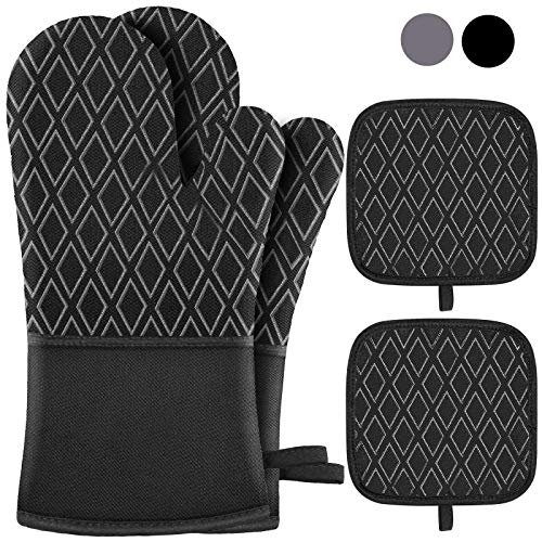 Jaweke Oven Mitts and Pot Holders 4Pcs Set, Extra Long 500℉ Heat Resistant Oven Gloves with Cotton Lining, Non-Slip Silicone Surface for Kitchen Cooking, Baking, BBQ(Black)