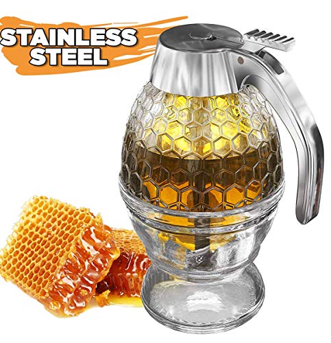 Hunnibi Honey Dispenser No Drip Glass with Stainless Steel Top - Syrup Dispenser Glass - Beautiful Honey Pot - Honey Jar with Stand