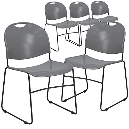 Flash Furniture 5 Pack HERCULES Series 880 lb. Capacity Gray Ultra-Compact Stack Chair with Black Powder Coated Frame