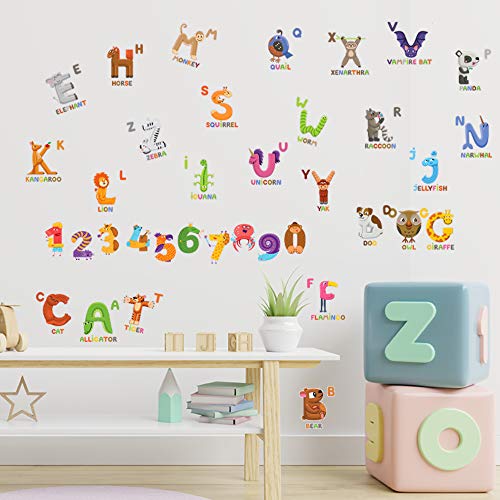 JesPlay Animal ABC & 123 Adhesive Wall Decals Wall Décor Stickers for Kids & Toddlers Include Alphabet, Letters & Numbers - Removable Wall Decor for Bedroom, Living Room, Nursery, Classroom