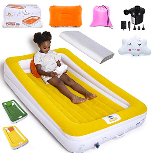 Sleepah Inflatable Toddler Travel Bed – Children Portable Air Mattress Set – Blow up Mattress for Kids W/All Around High Safety Bed Rails. Indoor Outdoor! W/Pump, Sheet, Case, Pillow & Toy - Amber
