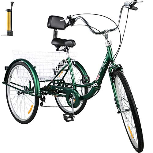 Bkisy Tricycle Adult 26’’ 7-Speed 3 Wheel Bikes for Adults Three Wheel Bike for Adults Adult Trike Adult Folding Tricycle Foldable Adult Tricycle 3 Wheel Bike Trike for Adults (Green)