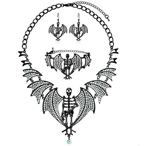 3 Pairs Halloween Gothic Bat Skull Skeleton Collar Choker Necklace Link Bracelet and Drop Earrings Jewelry Set for Women Girls