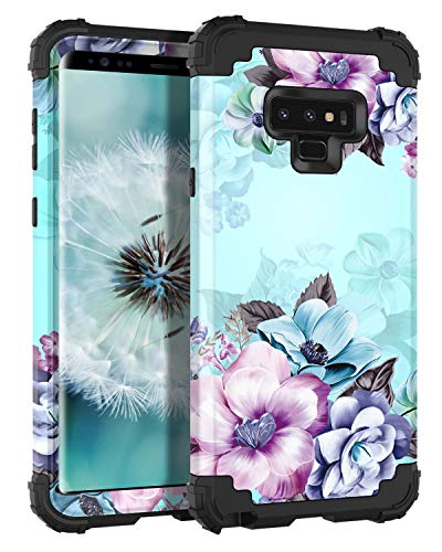 Casetego Compatible Galaxy Note 9 Case,Floral Three Layer Heavy Duty Hybrid Sturdy Shockproof Full Body Protective Cover Case for Samsung Galaxy Note 9-Blue Flower