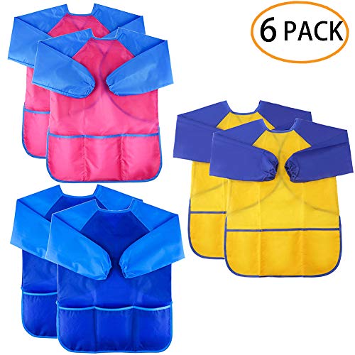 Zkptops 6 Pack Kids Art Smock Colorful Waterproof Children Art Aprons Artist Painting Aprons with Long Sleeve 3 Roomy Pockets for Age 3-8 Years