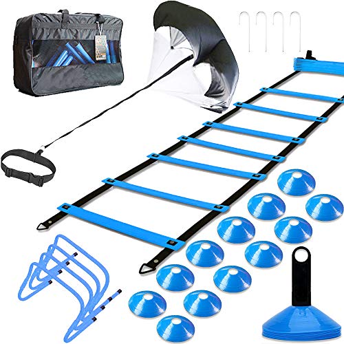MLCINI Speed Agility Training Set, Includes 1 Resistance Parachute, 1 Agility Ladder, 4 Steel Stakes, 4 Adjustable Hurdles, 12 Disc Cones | Speed Training Equipment for Soccer Football Basketball