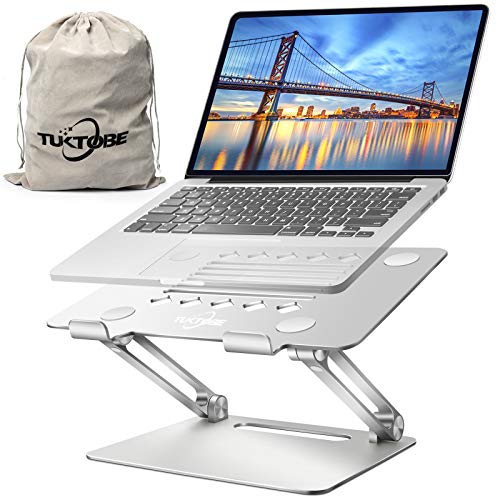 TUKTOBE Laptop Stand, Ergonomic Height Angle Adjustable Laptop Holder Aluminum Notebook Stand Riser with Heat-Vent Computer Stand for Desk Compatible with MacBook Air Pro, Dell XPS, Lenovo (Silver)