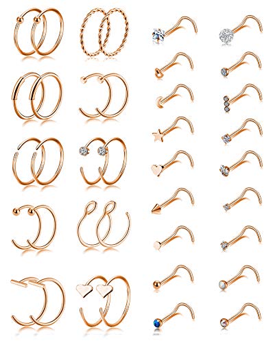 Tornito 20G 38Pcs Stainless Steel Nose Screw Studs Rings CZ Hoop Tragus Cartilage Nose Ring Labret Nose Piercing Jewelry for Men Women (A02:38Pcs, Rose Gold Tone)