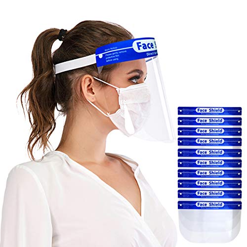 Safety Face Shields 10 Pack, Protective Face Shield Mask with Clear Wide Visor, Lightweight Transparent Dustproof Windproof Full Face Shield, Elastic Band for Women Men
