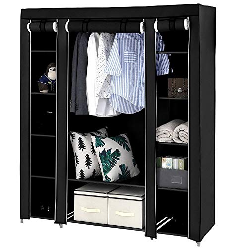 U-Kiss Non-Woven Fabric Portable Clothes Closet, Wardrobe Storage Organizer, with Hanging Rod and 10 Shelves for Extra Storage, 58' x 17' x 68 7/8' (Black)