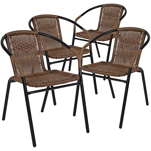 Flash Furniture 4 Pk. Medium Brown Rattan Indoor-Outdoor Restaurant Stack Chair