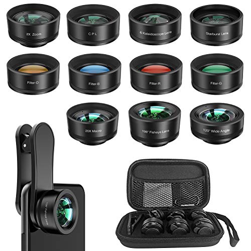 Phone Camera Lens,11 in 1 Cell Phone Lens Kit for iPhone and Android, 0.36X Wide Angle Lens+198°Fisheye Lens+20X Macro Lens+Zoom Telephoto Lens+CPL+Kaleidoscope Lens+Starburst Lens+4 Color Filter Lens