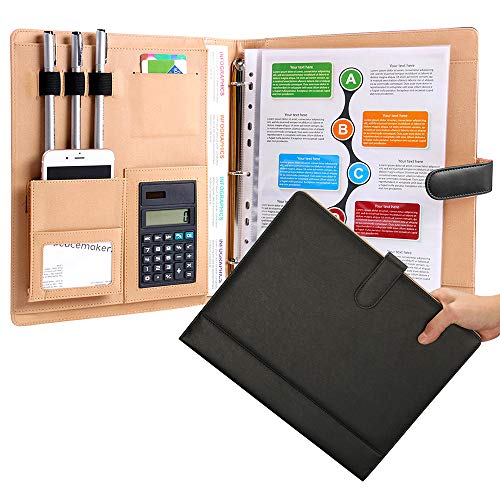 Designer Leather Portfolio Binder with Calculator Black 3 Ring Padfolio Business Folder Stylish Interview Portfolio Cover Case