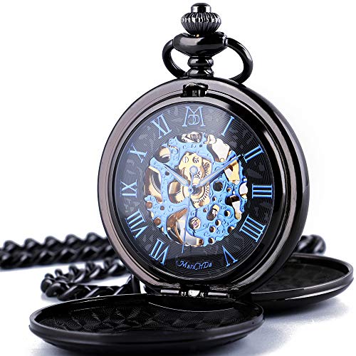 ManChDa Mechanical Roman Numerals Dial Skeleton Pocket Watches with Box and Chains for Mens Women