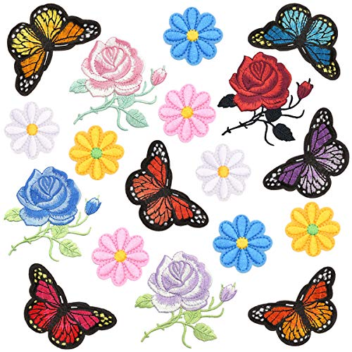 18 PCS Butterfly Flowers Iron On Patches Colorful Sunflower Sew On Appliques Embroidery Badge Logo Patch Applique Roses DIY Crafts for Backpack Cap Jacket T-Shirt Shoes Repair Decoration Patch