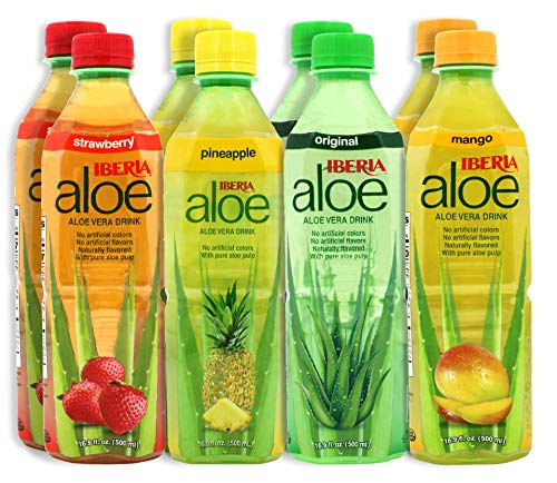 Iberia Aloe Vera Drink With Pure Aloe Pulp 16.9 Fl Oz (Pack of 8) No Artificial Color & Flavor, Aloe Juice Variety Pack with Original, Mango, Pineapple & Strawberry, BPA Free