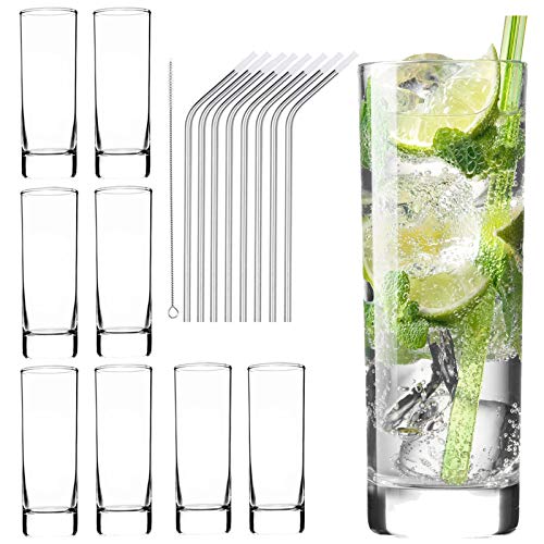 Glass Cups 10 oz, Clear Highball Glass Cocktail Glass Drinking Glasses [Set of 8] + 8 Stainless Steel Straws For Kitchen,Heavy Base Water Cup For Juice, Cocktails, Beverages, Drinking Cups Beer Cups