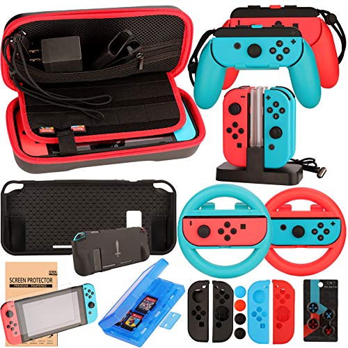 Accessories Kit for Nintendo Switch Games Bundle Wheel Grip Caps Carrying Case Screen Protector Controller