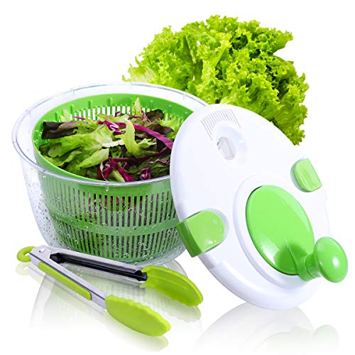 Large Salad Spinner with Free Silicone Tongs - 5 QT Manual Lettuce Spinner with Secure Lid Lock & Rotary Handle, Vegetable Washer Dryer Quick Dry off &Drain Lettuce with Ease for Faster Food Prep