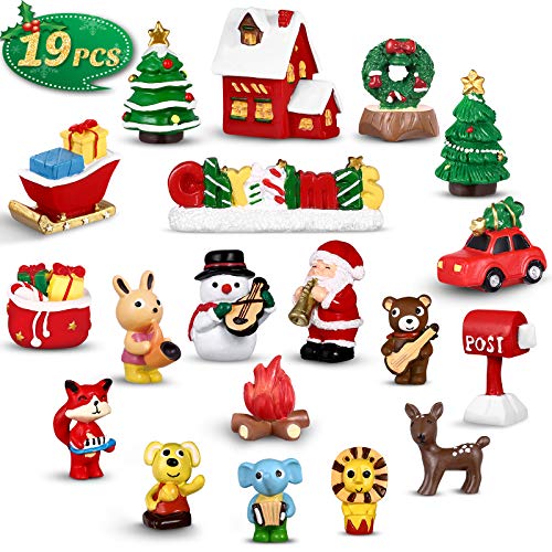 Unomor 19PCS Christmas Miniature Figurines Kit with Santa Claus, Snowman, Christmas Trees and Animals Ornaments for Fairy Garden Dollhouse Decorations, Christmas Snow Globe Crafts