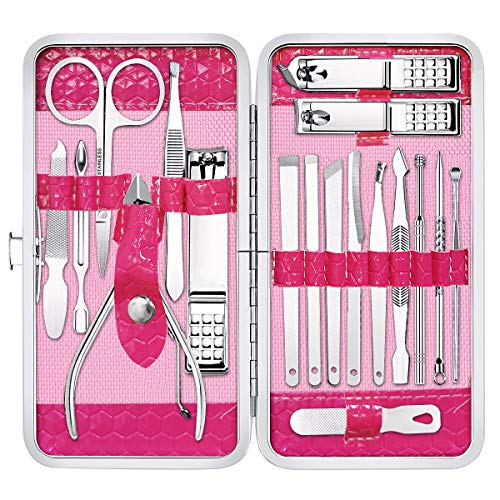 Nail Care kit Manicure Grooming Set with Travel Case - Yougai 18 Piece Stainless Steel Manicure Kit (Pink)