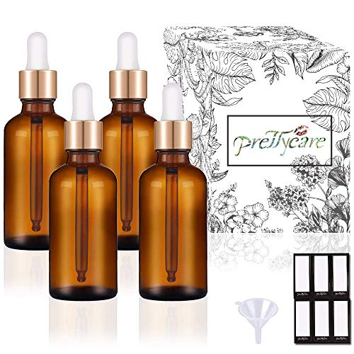 PrettyCare Eye Dropper Bottle 1 oz (4 Pack Amber Glass Bottles 30ml with Golden Caps, 1 Extra Plastic Measured Pipettes, 12 Labels, Funnel) Empty Tincture Bottles for Essential Oils