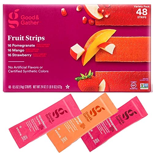 Fruit Strips Pomegranate, Mango and Strawberry Fruit Leathers Healthy Snack Made with Real Fruit Puree Concentrate Good and Gather Variety Pack 48 Strips