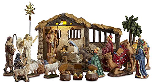 23 Pieces, 5-Inch The Real Life Nativity - Includes Lighted Stable, Palm Tree and Chests of Gold, Frankincense and Myrrh