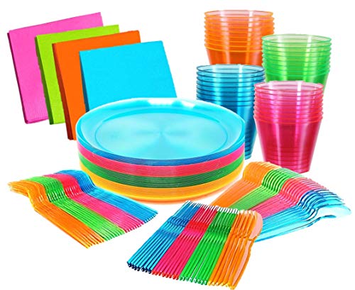 Bright Neon Party Supplies Set - Serves 32 Guest, Includes Plates, Cups Tumblers 9 Oz, Cutlery, Forks Knifes and Spoons and Napkins, 32 Of Each. Glow In the Dark Party Blacklight UV Parties.