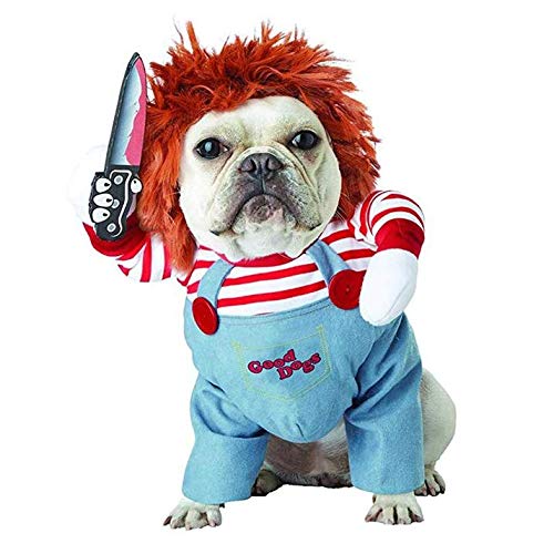 Halloween Costume for Pet Dog Cat, Creative Spoof Christmas Cosplay Dressing, Warm Hoodies Fleece Jacket Coat Clothes with Wig and Foam Knife for Small Medium Dogs Apparel Accessories (Small)
