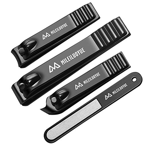 MILEILUOYUE Nail clippers set black stainless steel nail cutter& sharp oblique toe nail clipper & nail file 4 pieces, metal tin box for men and women suitable for gifts.