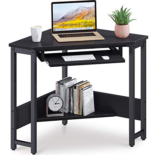 ODK Corner Desk, Triangle Computer Desk, Sturdy Steel Frame for Workstation with Smooth Keyboard Tray & Storage Shelves, Black