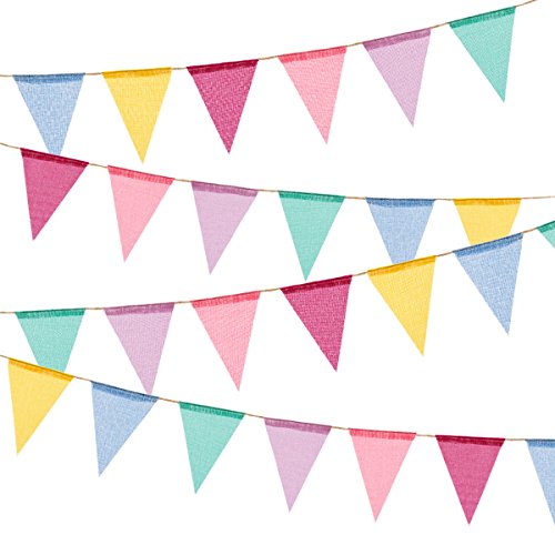 BEFORYOU 60 Flags Imitated Burlap Pennant Banner - Multicolor Fabric Triangle Flag Bunting for Summer Party and Festival Hanging Decoration (A)