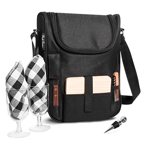 Insulated Travel Wine Tote Bag: Portable 2 Bottle Wine and Cheese Waterproof Black Canvas Carrier Bag Set with Picnic Backpack Kit (Black)