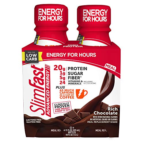 SlimFast Advanced Energy Rich Chocolate Shake – Ready to Drink Meal Replacement – 20g of Protein – 11 fl oz Bottle – 4 Count - Pantry Friendly