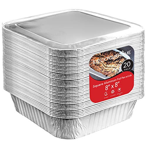 8x8 Foil Pans with Lids (20 Count) 8 Inch Square Aluminum Pans with Covers - Foil Pans and Foil Lids - Disposable Food Containers Great for Baking, Cooking, Heating, Storing, Prepping Food