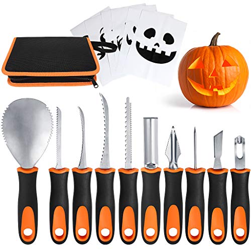 Professional Pumpkin Carving Kit, Upgrade Anti-Slip Rubber Handle 10 Pcs Pumpkin Carving Tools Set with Zipper Bag and 6 Pcs Carving Templates for Halloween Jack-O-Lanterns