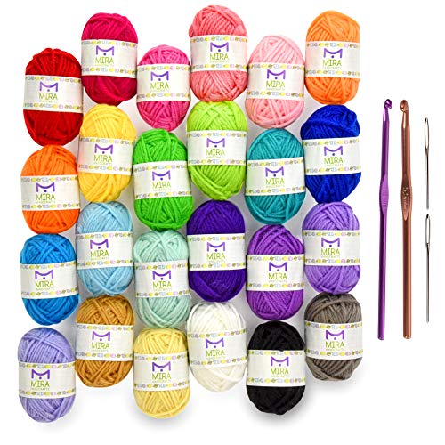 Mira Handcrafts 24 Acrylic Yarn Skeins | Total of 525 Yards Craft Yarn for Knitting and Crochet | Includes 2 Crochet Hooks, 2 Weaving Needles, 7 E-Books | DK Yarn | Perfect Beginner Kit