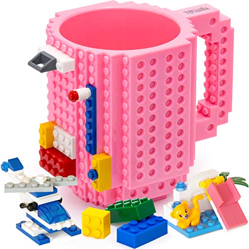 TOYAMBA Build-on Brick Mug BPA-Free Funny Coffee Mug with 3 Packs of Building Bricks, Funny Cups for Kids - Creative Building Block Mug DIY Idea 16OZ (Pink)