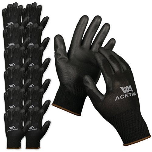 ACKTRA Ultra-Thin Polyurethane (PU) Coated Nylon Safety WORK GLOVES 12 Pairs, Knit Wrist Cuff, for Precision Work, for Men & Women, WG002 Black Polyester, Black Polyurethane, Large