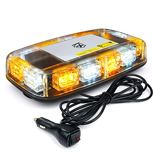 [Upgraded] Xprite 12' Roof Top Mini Strobe Light Bar Magnetic Mount Emergency Safety Warning Caution Flashing Beacon Lights for Construction Vehicles Snow Plow Trucks Postal Mail Cars (White Amber)