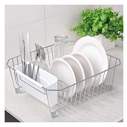 IKEBANA Kitchen In-Sink Chrome Finish Wire Dish Rack, Small Dish Drainer Rack With Removable White Plastic Utensils Holder